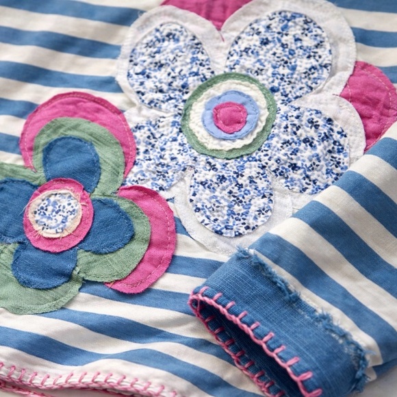 Boho Striped Floral Patch Top Oversized Ice Blue White Raw Edge Hand Stitch M/L - Picture 8 of 12